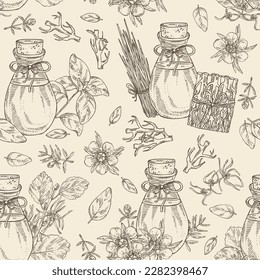 Seamless pattern with essential oils: vetiver root essential oil, manuka flower, basil oil, hamamelis virginiana flowers essential oil. Cosmetic, perfumery and medical plant. Vector 