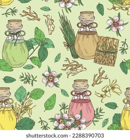 Seamless pattern with essential oils: vetiver root essential oil, manuka flower, basil oil, hamamelis virginiana flowers essential oil. Cosmetic, perfumery and medical plant. Vector 