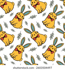 Seamless pattern Ester with hares and a delicate branch with green leaves. Soft pastel spring colors, light and airy design, festive and cheerful mood.