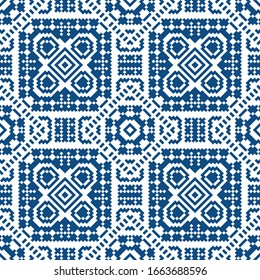 Patrón sin inconvenientes en estilo ético. El motivo está hecho en la técnica del arte de píxeles. Elementos geométricos creados a partir de bloques simples. Ilustración vectorial de material.