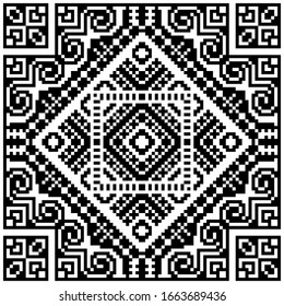 Seamless pattern in ethical style. The motif is made in the technique of pixel art. Geometric elements created from simple blocks. Stock vector illustration.