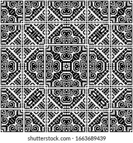 Seamless pattern in ethical style. The motif is made in the technique of pixel art. Geometric elements created from simple blocks. Stock vector illustration.