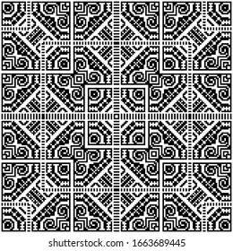 Seamless pattern in ethical style. The motif is made in the technique of pixel art. Geometric elements created from simple blocks. Stock vector illustration.