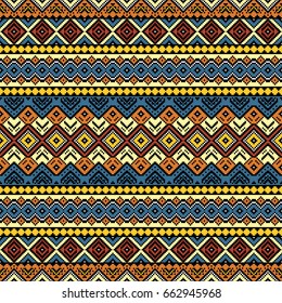 Seamless pattern with ethnic aztec motives. Bright colored abstract wallpaper in boho style.
