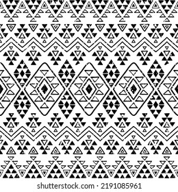 Seamless pattern with ethnic aztec ornament of hand drawn elements. Tribal stylized black and white geometrical print template with shabby texture.