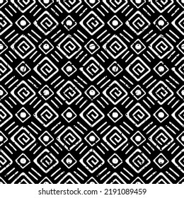 Seamless pattern with ethnic aztec ornament of hand drawn elements. Tribal stylized black and white geometrical print template with shabby texture.