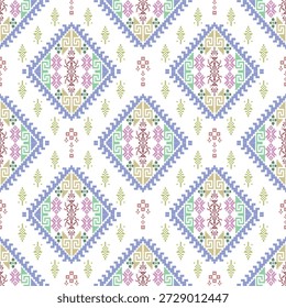 Padrão sem costura com ornamento asteca étnico. Ilustração vetorial. Arte folclórica ucraniana e bielorrussa de malha padrão de bordado. Padrão de pixel. Padrão de pontos cruzados.