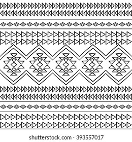Seamless pattern with ethnic aztec ornament. Hand drawn boho style  hipster wallpaper. Black and white.