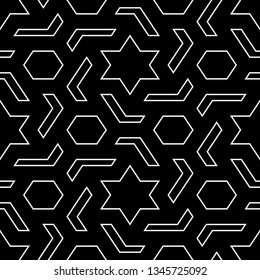 Seamless pattern. Ethnic backdrop. Stars, hexagons, figures ornament. Hexagonal, star shapes wallpaper. Geometric background. Polygons motif. Digital paper, abstract.