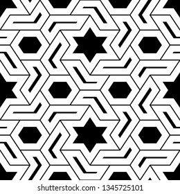 Seamless pattern. Ethnic backdrop. Stars, hexagons, figures ornament. Hexagonal, star shapes wallpaper. Geometric background. Polygons motif. Digital paper, abstract.