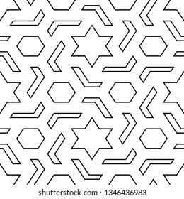 Seamless pattern. Ethnic backdrop. Stars, hexagons, figures ornament. Hexagonal, star shapes wallpaper. Geometric background. Polygons motif. Digital paper, abstract