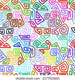 Seamless pattern. Ethnic background, multicolor spirals, hand drawing.