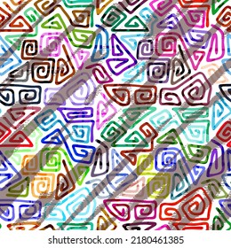 Seamless pattern. Ethnic background, multicolor spirals, hand drawing.