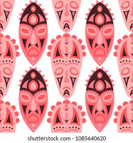 Seamless Pattern. Ethnic Seamless Background with Ritual Masks for Print or Card. Ethnic Seamless Background with Color Trible Ritual Masks for your Design. Vector Texture.