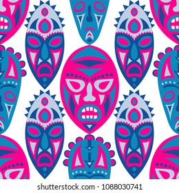 Seamless Pattern. Ethnic Seamless Background with Ritual Masks for Poster or Banner. Ethnic Seamless Background with Color Trible Ritual Masks for your Design. Vector Texture.