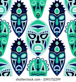 Seamless Pattern. Ethnic Seamless Background with Ritual Masks for Textile or Paper. Ethnic Seamless Pattern with Color Trible Shamanic Masks for your Design. Vector Texture.