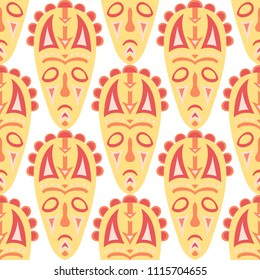 Seamless Pattern. Ethnic Seamless Background with Ritual Masks for Textile or Paper. Ethnic Seamless Pattern with Color Trible Shamanic Masks for your Design. Vector Texture.