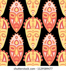 Seamless Pattern. Ethnic Seamless Background with Ritual Masks for Card or Poster. Ethnic Seamless Pattern with Color Trible Shamanic Masks for your Design. Vector Texture.