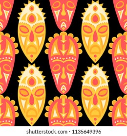 Seamless Pattern. Ethnic Seamless Background with Ritual Masks for Print or Card. Ethnic Seamless Pattern with Color Trible Shamanic Masks for your Design. Vector Texture.
