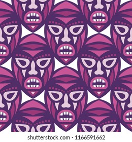 Seamless Pattern. Ethnic Seamless Background with Ritual Masks for Print or Card. Ethnic Seamless Pattern with Color Trible Shamanic Masks for your Design. Vector Texture.