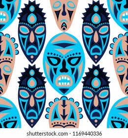 Seamless Pattern. Ethnic Seamless Background with Ritual Masks for Poster or Banner. Ethnic Seamless Background with Color Trible Ritual Masks for your Design. Vector Texture.