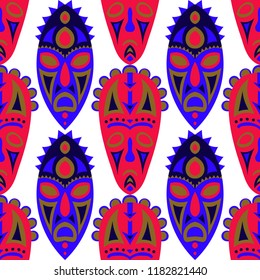 Seamless Pattern. Ethnic Seamless Background with Ritual Masks for Card or Poster. Ethnic Seamless Pattern with Color Trible Shamanic Masks for your Design. Vector Texture.
