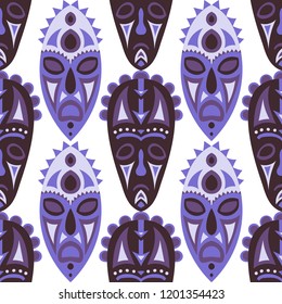 Seamless Pattern. Ethnic Seamless Background with Ritual Masks for Print or Card. Ethnic Seamless Background with Color Trible Ritual Masks for your Design. Vector Texture.
