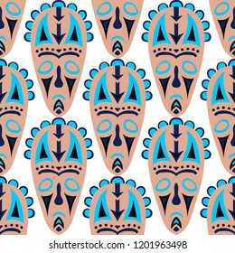 Seamless Pattern. Ethnic Seamless Background with Ritual Masks for Poster or Banner. Ethnic Seamless Pattern with Color Trible Shamanic Masks for your Design. Vector Texture.