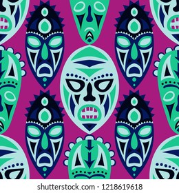 Seamless Pattern. Ethnic Seamless Background with Ritual Masks for Poster or Banner. Ethnic Seamless Pattern with Color Trible Shamanic Masks for your Design. Vector Texture.