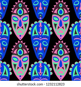 Seamless Pattern. Ethnic Seamless Background with Ritual Masks for Textile or Paper. Ethnic Seamless Background with Color Trible Ritual Masks for your Design. Vector Texture.