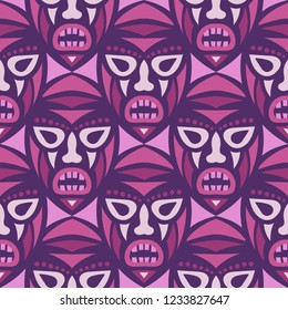 Seamless Pattern. Ethnic Seamless Background with Ritual Masks for Card or Poster. Ethnic Seamless Pattern with Color Trible Shamanic Masks for your Design. Vector Texture.