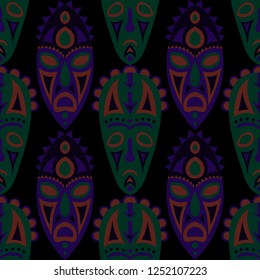 Seamless Pattern. Ethnic Seamless Background with Ritual Masks for Card or Poster. Ethnic Seamless Background with Color Trible Ritual Masks for your Design. Vector Texture.