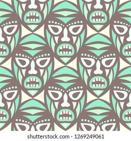 Seamless Pattern. Ethnic Seamless Background with Ritual Masks for Poster or Banner. Ethnic Seamless Pattern with Color Trible Shamanic Masks for your Design. Vector Texture.