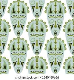 Seamless Pattern. Ethnic Seamless Background with Ritual Masks for Print or Card. Ethnic Seamless Background with Color Trible Ritual Masks for your Design. Vector Texture.