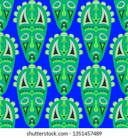 Seamless Pattern. Ethnic Seamless Background with Ritual Masks for Poster or Banner. Ethnic Seamless Background with Color Trible Ritual Masks for your Design. Vector Texture.