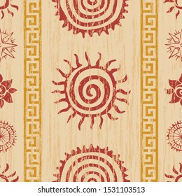 Seamless pattern. Ethnic background, sun symbols, vector design.