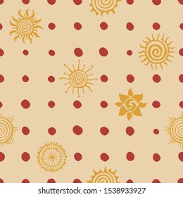 Seamless pattern. Ethnic background, sun symbols, vector design.