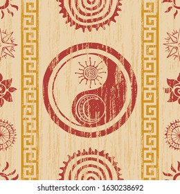 Seamless pattern. Ethnic background, sun and Yin Yang symbols, vector design. Culture and philosophy of the east, chinese taoism. 