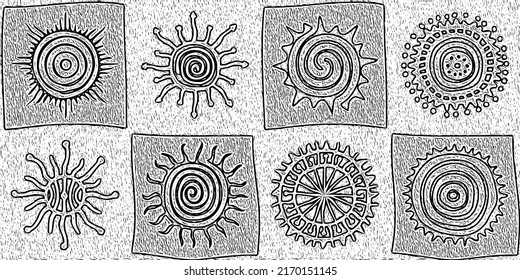 Seamless pattern, ethnic background, sun symbols, vector design
