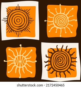 Seamless pattern, ethnic background, sun symbols, vector design