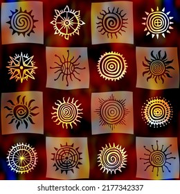 Seamless pattern, ethnic background, sun symbols, vector design