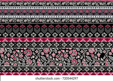 seamless pattern with ethnic borders flowers. Vector Floral Illustration in asian textile. Ethnic line borders. 