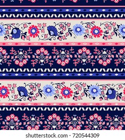 seamless pattern with ethnic borders flowers. Vector Floral Illustration in asian textile. Ethnic line borders. 