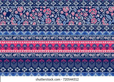 seamless pattern with ethnic borders flowers. Vector Floral Illustration in asian textile. Ethnic line borders. 