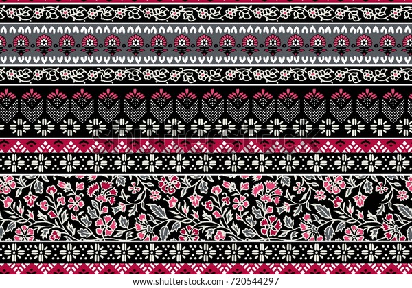 seamless pattern\
with ethnic borders flowers. Vector Floral Illustration in asian\
textile. Ethnic line borders.\
