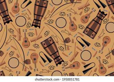 Seamless pattern with ethnic brazilian musical instruments. Background with african drums and various trinkets in capoeira style. Vector brazilian ornament with music instruments.