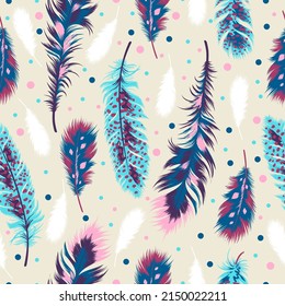 Seamless pattern of ethnic bright feathers. Vector illustration in boho style. Bohemian background from tribal repeating elements. Template for fabric in oriental style.