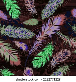 Seamless pattern of ethnic bright feathers. Vector illustration in boho style. Bohemian background from tribal repeating elements. Template for fabric in oriental style.
