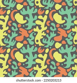 Seamless pattern of ethnic and childish, abstract illustration in yellow, red, and turquoise colors on the dark background. Can be used as a design for a wrapping paper or textile