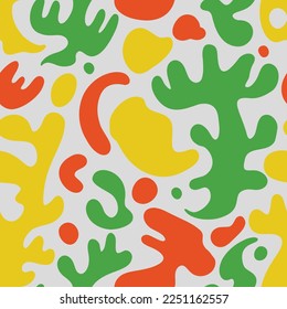 Seamless pattern of ethnic and childish, abstract illustration in yellow, red, and turquoise colors on the light gray background. Can be used as a design for a wrapping paper or textile